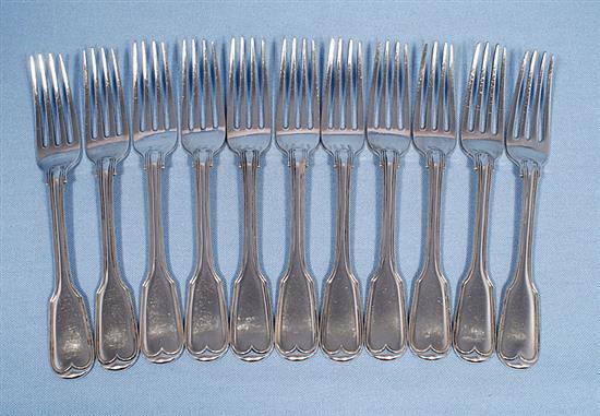 A set of eleven early Victorian silver table forks, Length 8”/200mm, Total Weight: 34.1oz/967grms